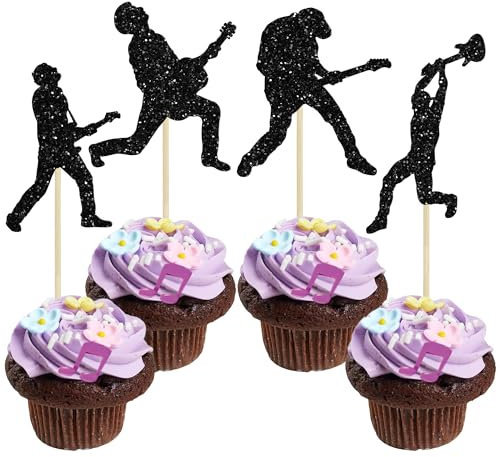 Gyufise 24Pcs Rock Band Cupcake Toppers - Black Glitter Rock Pop Music Theme Cupcake Picks - Music Cake Decorations for Concert Theme Birthday Party Supplies