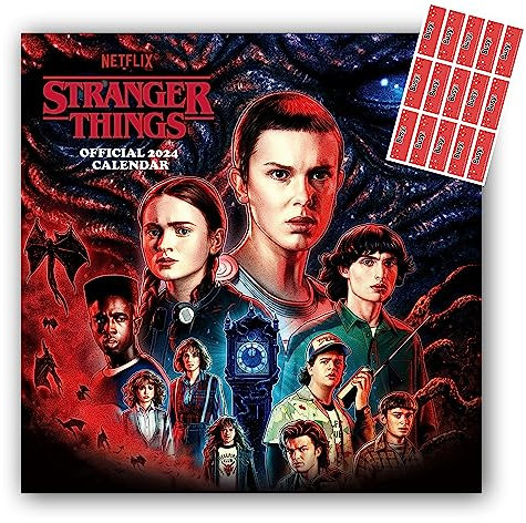 Stranger Things Kalender 2024, Monatsansicht, quadratischer Wandkalender, plastikfrei, mit gratis Organisationsaufklebern