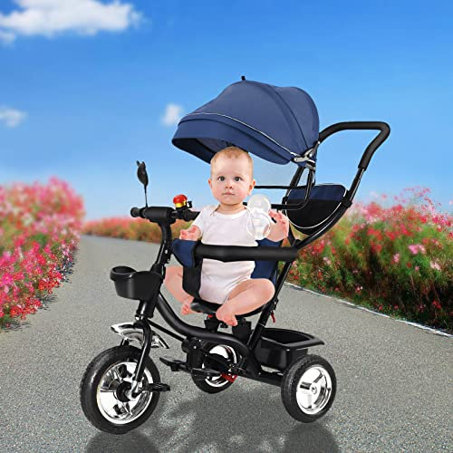 4 in 1 Kinderdreirad Tricycle für Kinder ab 12 Monate bis 5 Jahren mit Abnehmbarer Sonnendach&Schubstange Dreiräder,Jogger, mit Dachfenster, Sicherheitsgurte, Freilaufrad-4 in 1 (dunkelblau)