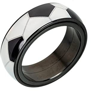 BlackAmazement Drehring 316L Edelstahl Fußball Ball Spinner Ring drehbar weiß schwarz Damen Herren (57 (18,1))
