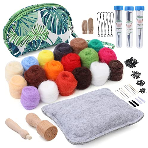 Needle Felting Kit, Needle Felting Starter Kit with Exquisite Green Storage Bag, Wool Roving 18 Colors Set, Needle Wool Felting Tools Kit, Wool Felt Tools for Felted Animal Needle Felting Supplies