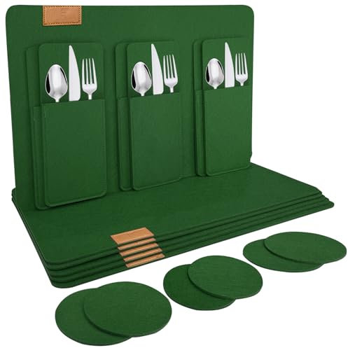 shinfly Tischsets Abwaschbar Platzsets aus Filz 18er Set, Abwischbar Tischsets, Hitzebeständig rutschfest Platzdeckchen mit Untersetzer, BestecksäCken für Küche, Speisetisch, 44x31cm【Dunkelgrün】