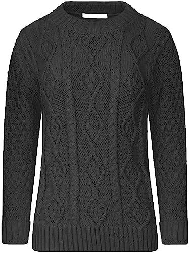 AJFASHION Women Jumpers New Ladies Long Sleeve Chunky Cable Knitted Jumper Crew Neck Winter Sweater Top UK Size 8-22 Charcoal