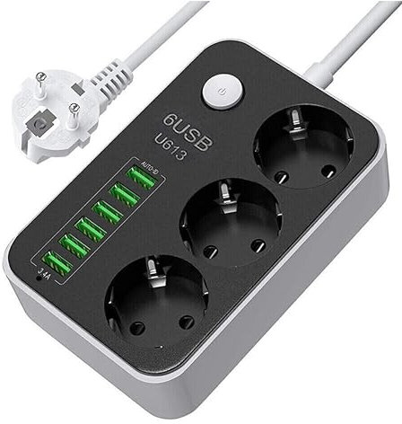 A66CS Steckdosenleiste 3-Fach mit USB 6 Ports, Mehrfachsteckdose mit 3 Steckdosen und 6 USB-Anschlüssen (5V/3,4A), Mit EIN-/Ausschalter