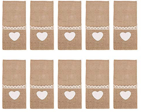 Lot de 10 range-couverts en toile de jute avec dentelle pour couteau, fourchette, décoration de fête de Noël (couleur réelle de l'amour)
