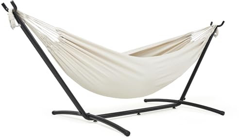 Mondeer Hängematte mit Hängemattengestell, Doppel Baumwolle mit Gestell für 2 Personen, Tragbare Outdoor & Indoor Terrasse Hof Garten, Belastbarkeit bis 200 KG, Beige