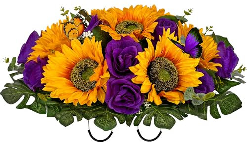 SUHOOKOO Friedhofsblumen als Grabdekoration, Seiden-Sonnenblumen-Rose, Grabstein, Blumensattel, hell und farbecht, lila/gelb