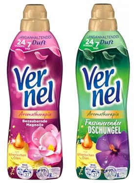 VERNEL Weichspüler-Set 2x 37 Waschladungen (74WL) Aromatherapie 1x Bezaubernde Magnolie & 1x Faszinierender Dschungel, langanhaltender Wäscheduft mit ätherischen Ölen für 24/7 Frische