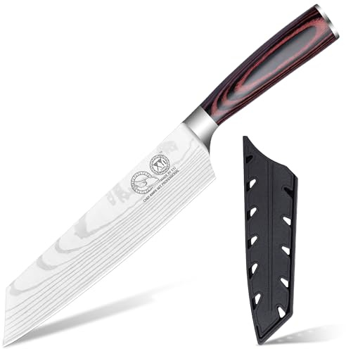 XYJ 7.5 Inch Professional Chef Knife,Stainless Steel,Japanese Gyuto Cooking Knife,Meat Cleaver for Meat Cutting,Slicing Chefs Knife Kitchen Cutlery,Knife With Cover,Wood Handle for Mom Dad