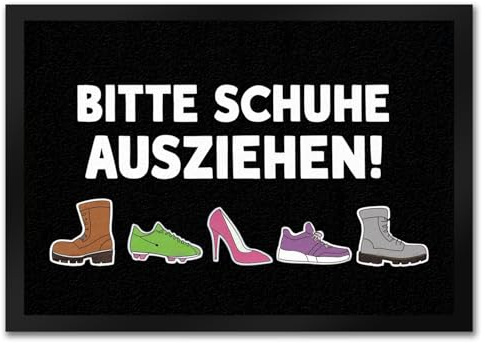 speecheese Bitte Schuhe ausziehen Fußmatte in 35x50 cm Fußmatte in 35x50 cm Schwarzer Hintergrund Weißer Text Bitte Schuhe Ausziehen Mit Brauner Stiefel-Motiv für stilvolle Eingänge