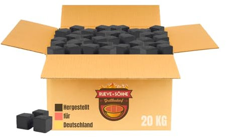 RUEVE&SÖHNE BBQ Grillkohle aus Kokosnussschalen – 10 kg & 20 kg – 26er oder 28er Cubes – Steakhouse Qualität für Grill, Smoker & Dutch Oven (20 kg – 28x28x28mm Briketts)