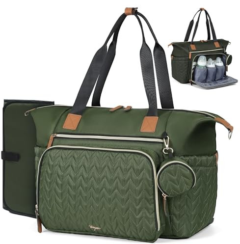 Tonyeee Wickeltasche mit Schnullertasche und Wickelunterlage, Wickelrucksack Multifunktions-Babytasche für Große Reisewindeltasche für Mama und Papa, isolierten Taschen-Dunkelgrün