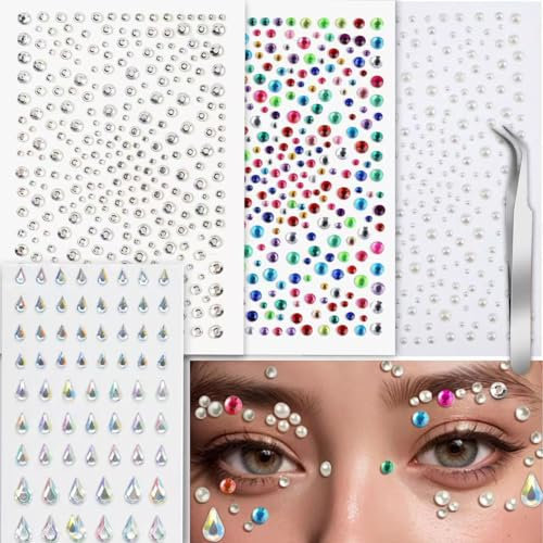 Self Adhesive Face Gems and Pearls for Makeup, Festival Jewels, Hair Gems, Rhinestone Stickers for Face, Eye, Makeup, Nail, Body, Crafts