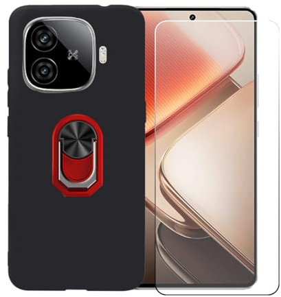 GYDQQKJ Handy Ringhalter Hülle Für Vivo iQOO Z9 Turbo Plus (6.78),Schwarz Cover TPU Handyhülle Silikon Tasche Case Schutzhülle + [HD Schutzfolie Anti-Fall Displayschutz] (Rojo Universal Ring)