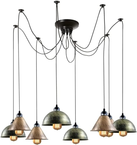 LEDSone 8-flammige Pendelleuchte im Industriestil, verstellbare Vintage-Halbdeckenmontage für Esszimmer, Küche, Schlafzimmer, Bauernhaus. (Gebürstetes Messing + Gebürstetes Kupfer)