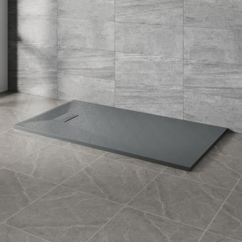 NRG 1500x800mm SMC Rectangle Shower Tray Anthracite with Fast Flow Waste | Anti Slip, Bathroom Shower Base Tray, Wet Room Shower Pan, Shower Enclosure Tray, Wetroom Shower Cubicle Base, Slate Effect