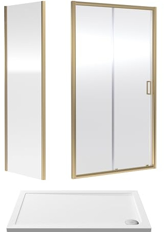Balterley Sliding Shower Door with Side Panel & Shower Tray, 6mm Toughened Safety Glass Doors, Bar Handle Framed Sliding Door, Square Tray for Showers, Bathroom Side Panels (Brushed Brass/White)