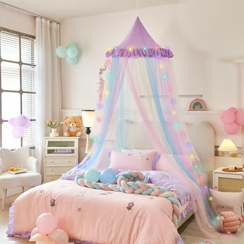 Anmas Power LED -LichtRegenbogen-Moskitonetz, Betthimmel,Prinzessinnen-Baldachin für Mädchen buntes Netz-Nähte, Moskitonetz für Schlafzimmer-Dekoration
