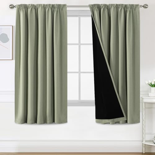 BellaHills 100% Blickdicht Vorhang mit Kräuselband 2er Set H175 x B140 cm Schlafzimmer Gardinen Blickdicht Verdunklungsvorhänge Thermal Curtains Blackout Vorhang, Salbei Hell