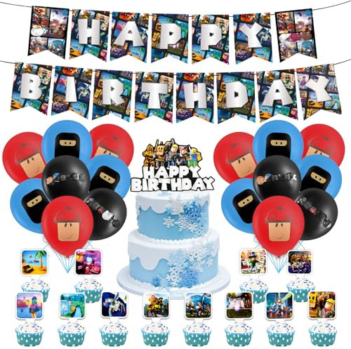 44PCS Robl Birthday Party Decorations, Ro-bl Balloons, Ro-bx Birthday Party Supplies, Happy Birthday Banner Latex Balloons Cake Topper for Kids Boys Girls Birthday Theme party
