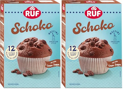 RUF Schoko-Muffins Backmischung, schokoladige American Style Muffins mit Schockoflocken, einfache Zubereitung, 12 Muffin-Förmchen inklusive (Packung mit 2)