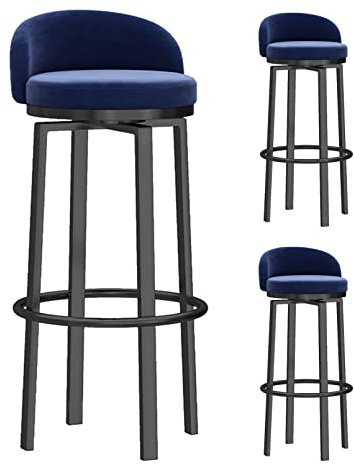 Set von 3 blauen Samt Frühstück Barhocker mit Rücken und Metall Fußstütze drehbare Küche Barhocker für Hausbar und Inseln