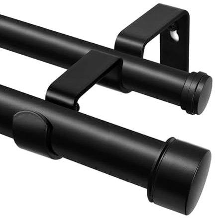 HOTOZON Schwarz Gardinenstange 2 Läufig 80-365 cm, Vorhangstange Doppelläufig mit Klassischem Endstück, 25 mm Gardinenstangen Ausziehbar mit Halterungen für Wohnzimmer, Küche, Schlafzimmer