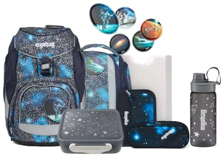 ergobag Pack Schulrucksack Set 8tlg. inkl. Brotdose und Trinkflasche (Bär Anhalter durch die Galaxis Super Reflex)
