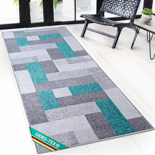 Floordirekt Teppich Läufer New York - Teppichläufer auf Maß - Meterware, Flurteppich, Küchenläufer, Teppich für Küche, Flur & Wohnzimmer Türkis (80 x 250 cm)