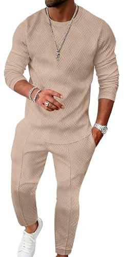 UOUA Men's 2 Piece Sweat Suits Set Long Sleeve Sweatshirt Jogging Sweatpants Tracksuits Outfits Khaki XL