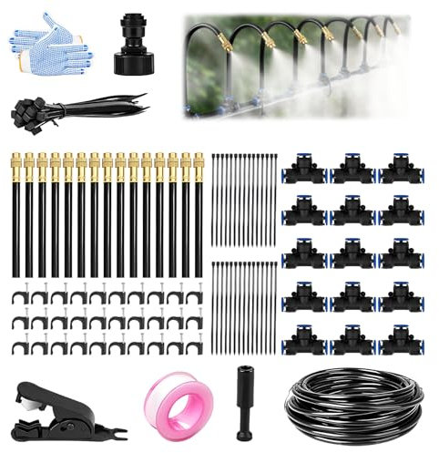 Garden Irrigation Watering Systems Kit, 49FT Greenhouse Automatic Water Misting System, 360° Auto Watering Equipment for Plants Outdoor Indoor,15pcs Adjustable Bendable Nozzle Copper Sprayer