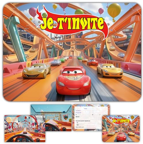 Fun4kid Lot de 12 invitations d'anniversaire pour garçons avec enveloppes Thème voiture de course pour enfants et garçons Cartes d'invitation pré-remplies en français pour fêtes