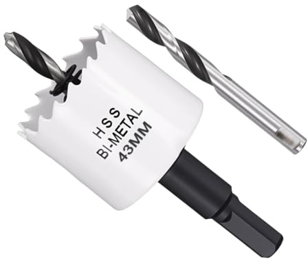 METALLIXITY Kit de Trépan Bi-Métal 43mm (1-11/16) Bois Blanc | Trépan en Acier Rapide M42, avec Foret de Centrage Clé Hexagonale et Ressort, pour Tôle Métallique