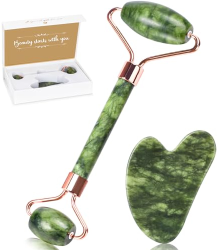 Alyvisun Natürliche Grüne Jade Gua Sha, für Hals- und Körper | Gesichtsmassage Roller, Linderung von Schwellungen und Verbesserung der Kinnlinie mit Benutzerhandbuch