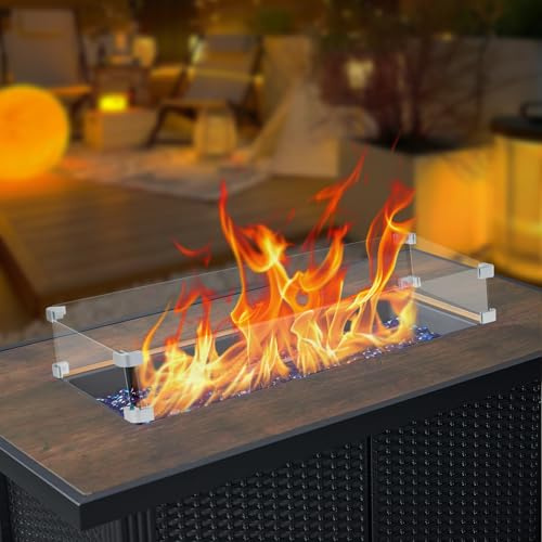 Garvee Pare-Vent En Verre Trempé Pour Brasero Rectangulaire – Coupe-Vent Robuste Pour Table De Feu à Gaz Propane Extensionérieure – Accessoire Cheminée – Connecteurs Et Patins En Alliage d’Aluminium