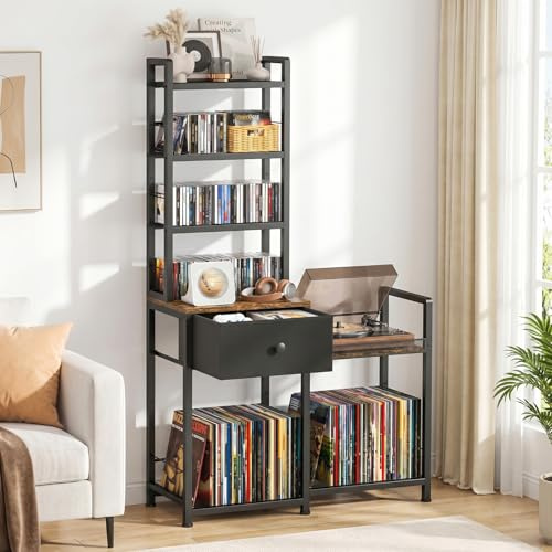 ikkle Étagère pour CD avec disques vinyles, 7 niveaux avec tiroir et support pour tourne-disque, pour 150 DVD ou 300 CD, 75 vinyles, livres, CD pour salon, chambre à coucher et bureau