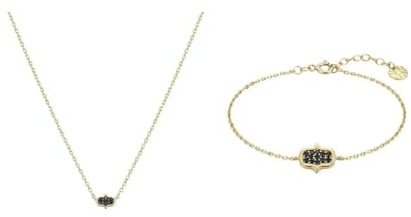 Suzan Gold® 375 Echtgold Schmuckset Damen Halskette Armband schwarzer Zirkonia Ornament elegant wasserfest nickelfrei Geschenk Set Noirelle Ornament hochwertig
