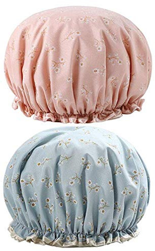 G2PLUS 2 Stück Duschhaube Damen Wasserdicht Wiederverwendbar 32CM Doppelschicht Duschkappe,Rosa und Blau Haarhaube für Salon,Spa,Reise,Hotel,Dusche