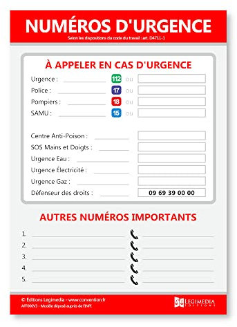 Numéros d'urgence en entreprise - Panneau d'affichage - Plastifié et effaçable - Kit de fixation inclus (pastilles adhésives) - Fabriqué en France