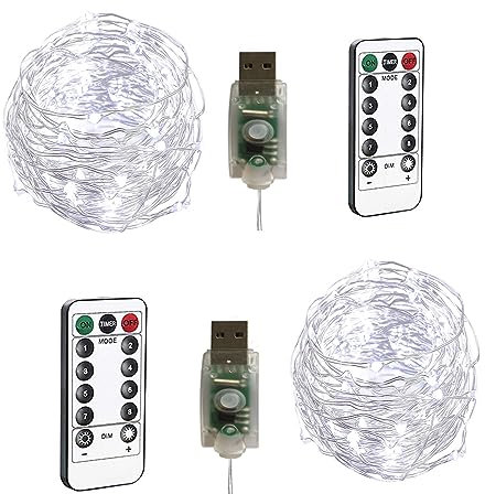 BXROIU 2 X100LEDs Luci a Stringa su 10metri Micro filo d'argento,Spina USB con Telecomando 8 programma (bianco freddo)