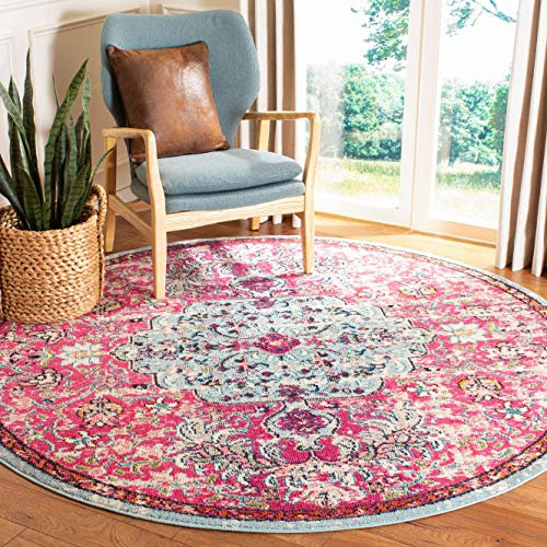 Safavieh Tapis Boho pour Salon, Salle à Manger, Chambre à Coucher - Madison Collection, Tapis à Poil Court, Fuchsia et Sarcelle, 200 x 200 cm