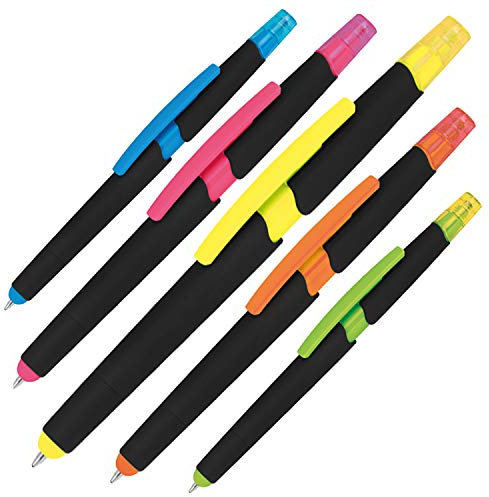 Unbekannt 5er Touchpen Kugelschreiber-Set mit Textmarkern - Modern, Unisex, 5 Stück, 0.7mm, Wasserfest, Gummigriff, Apfelgrün, Hellblau, Pink, Orange, Gelb
