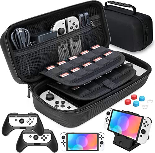 HEYSTOP Custodia Compatibile con Nintendo Switch/Switch OLED, Custodia Comunemente Utilizzato per Switch/Switch OLED Accessori e 2 Switch/Switch OLED Grips, PlayStand Regolabile, 6 Thumb Grip