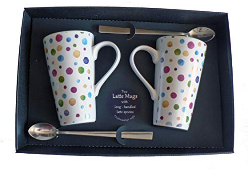 Set of 2 Spots Latte Mugs Gift Boxed with Spoons. Ceramic Latte Mug 3/4pt Capacity