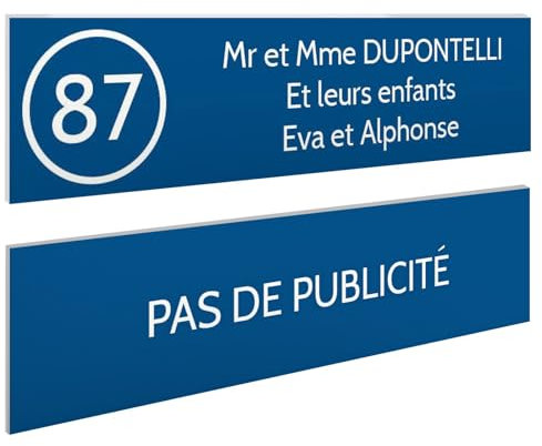 DECOHO - Plaque Boite aux Lettres Personnalisable - Lot de 2 plaques adhésives en Plastique Bleu Blanc - Format 100x25 mm - Gravure Laser - Bleu
