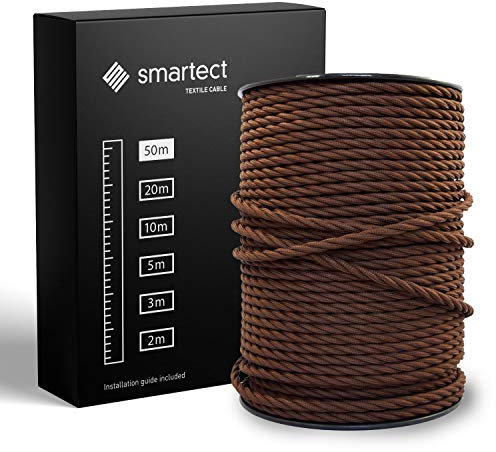 smartect Cavo Elettrico Tessile intrecciato Marrone, 50 Metri Filo Elettrico Vintage, Tripolare (3 x 0.75mm²) Cavo Elettrico Rivestito in Tessuto per Fai da Te