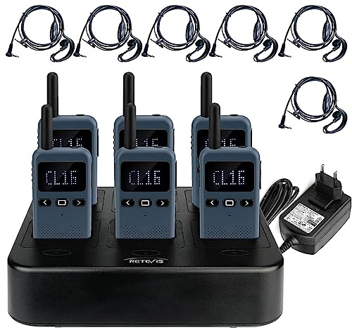 Retevis RB619 Funkgerät mit Headset, Walkie Talkie mit 6-Wege-Ladegerät, Ferngespräch, 1650mAh Funkgeräte PMR446 Lizenzfrei für Hotels, Veranstaltungsplanung, Schulen (6 Stück, Marineblau)