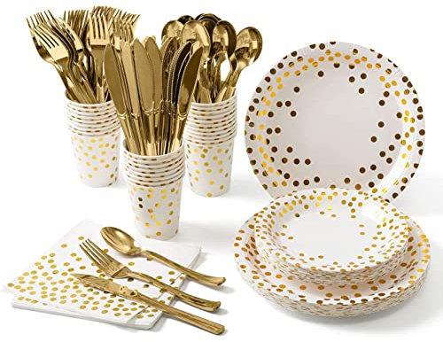 ZIMAIC 141pcs Kit Vaisselles réutilisable Anniversaire Assiette Dîner Papier Tasse Serviette Nappe Couteau Fourchette Cuillère, Enfants Party Fête Mariages Baby Shower Noël, 20 invités (Blanc Or)