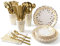 141 Stück Weißgold Partygeschirr Pappbecher Pappteller Set, Wiederverwendbar Papier Geschirr Set einschließlich Tischdecke Teller Becher Servietten zum Geburtstag, Hochzeiten, Jubiläums -20 Gäste