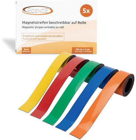 ECENCE Magnetstreifen Beschreibbar - 5 Rollen - Magnetband 100x2cm wiederverwendbar - Kennzeichnungsband für Haushalt, Schule & Büro - Magnet-Etiketten